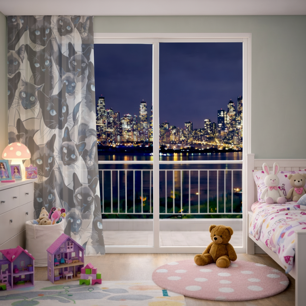 Blue Eyed Siamese Cat Elegant Illustration Pattern Sheer Curtain