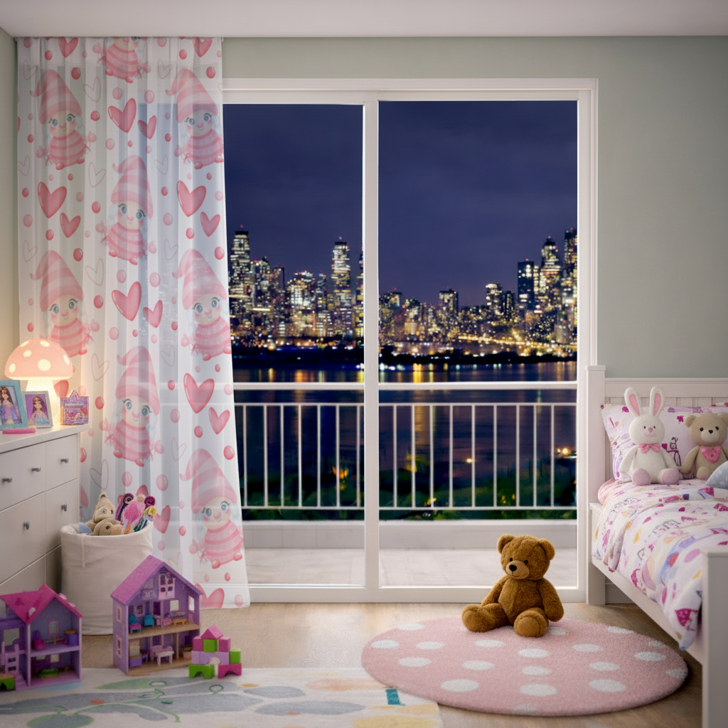 Cute Pink Baby Girl Valentines Day Heart Pattern Design Sheer Curtain