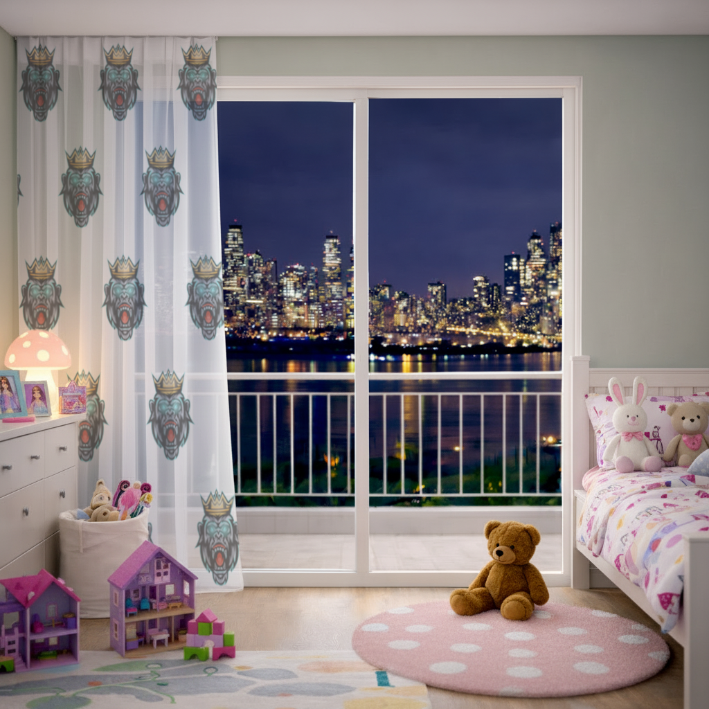 Angry Gorilla King with Crown Graphic - Neon Mascot Design Sheer Curtain