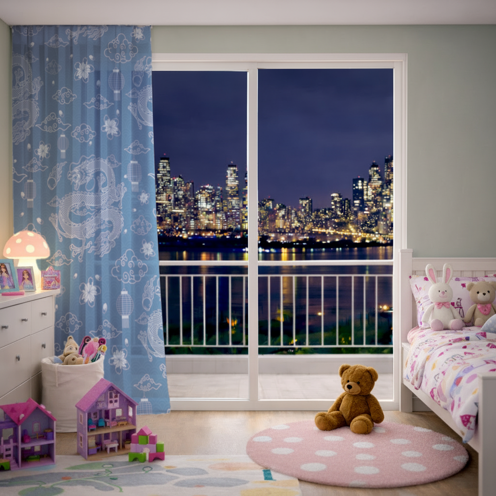 Traditional Dragon Pattern on Blue Background Sheer Curtain