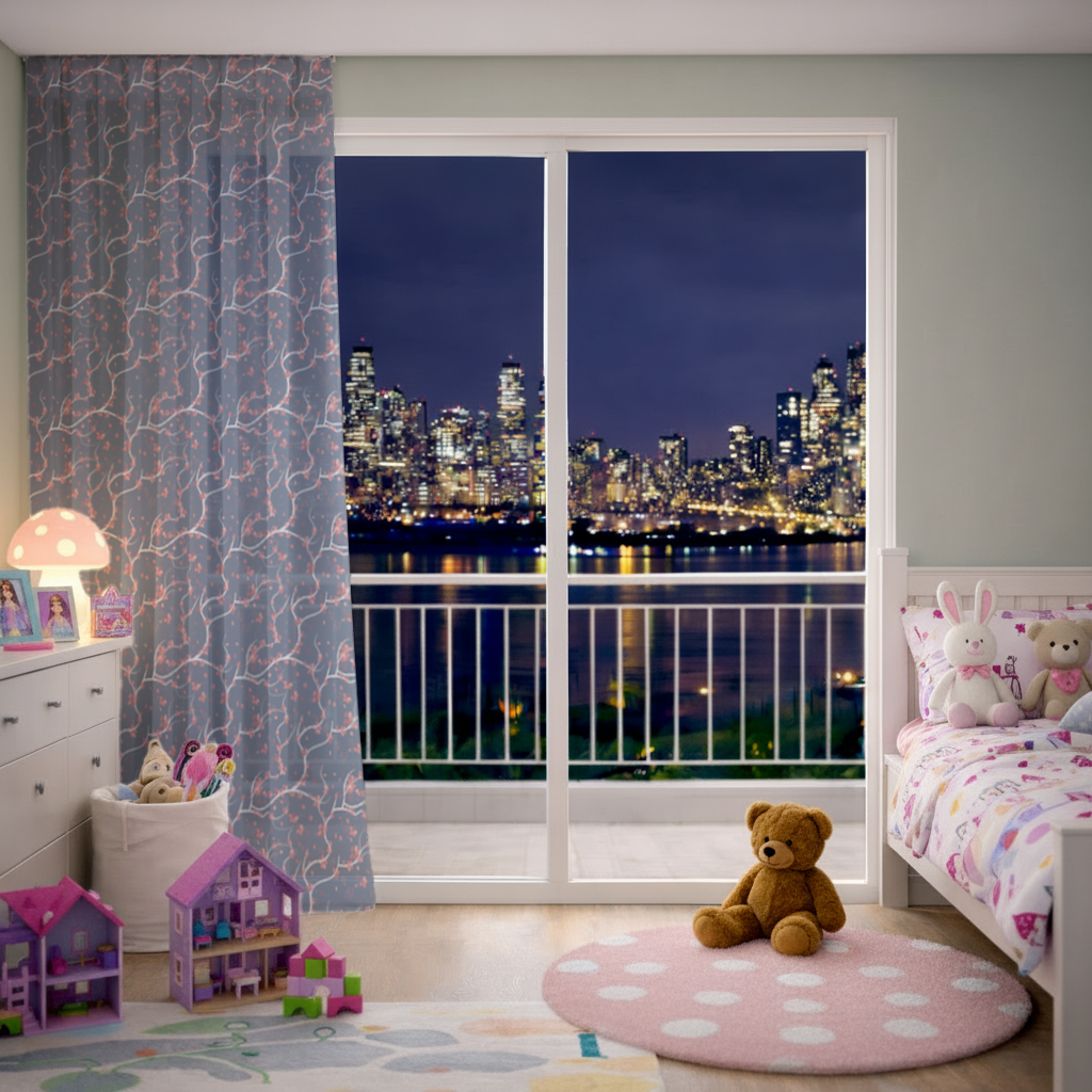 Red Floral Branch Pattern on Navy Background Sheer Curtain