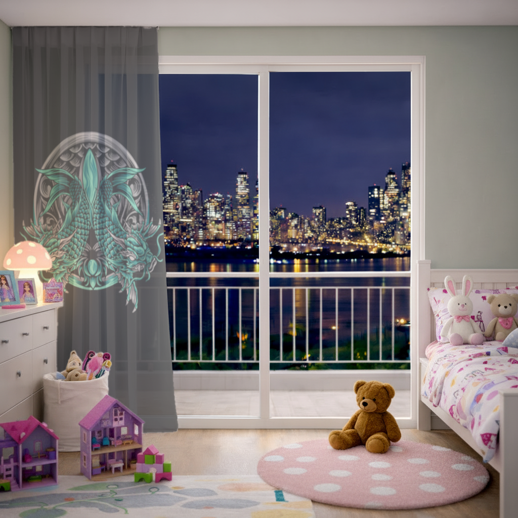 Turquoise Twin Dragon Emblem Design Sheer Curtain