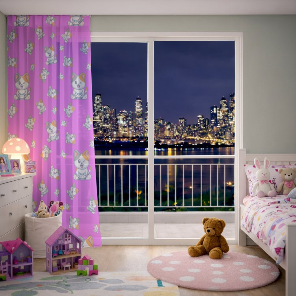 Cute Cartoon Cat Pattern on Pink Background Sheer Curtain