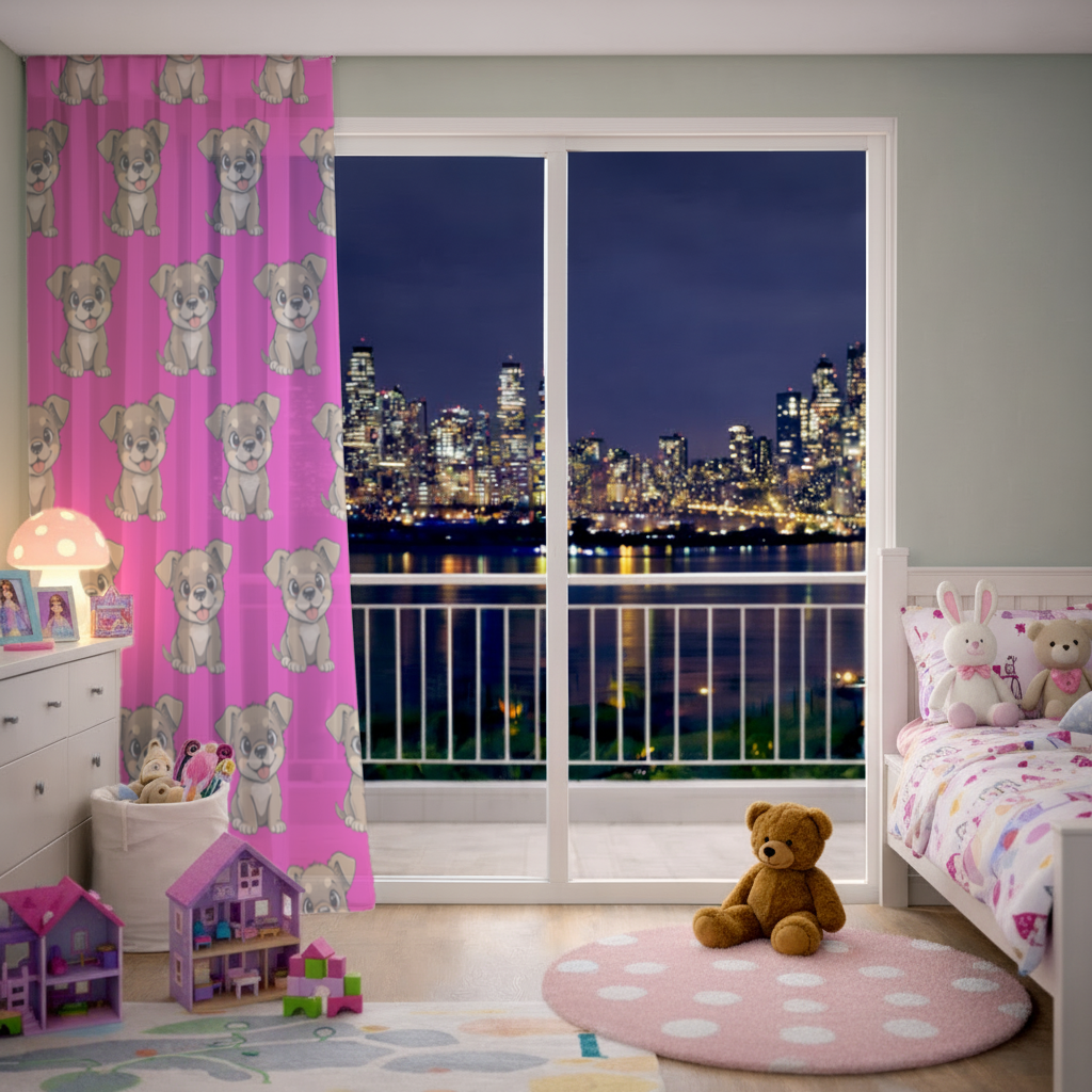 Cute Dog Illustration on Pink Background Sheer Curtain