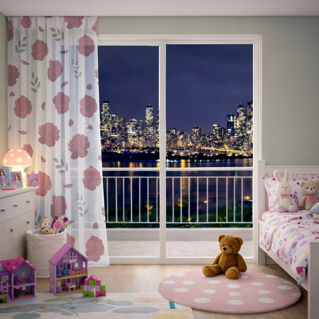 Red Rose and Leaf Romantic Seamless Pattern Sheer Curtain