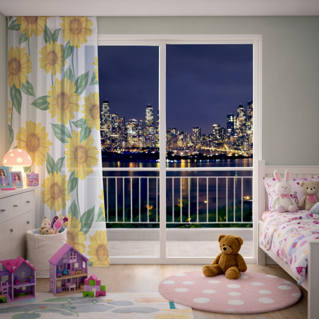 Vibrant Yellow Sunflower and Green Leaf Pattern Illustration Sheer Curtain