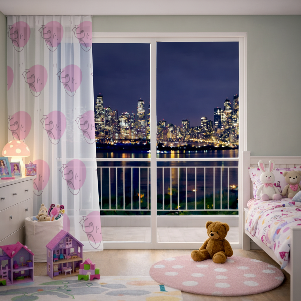 Cute Pink Lying Character Illustration Sheer Curtain