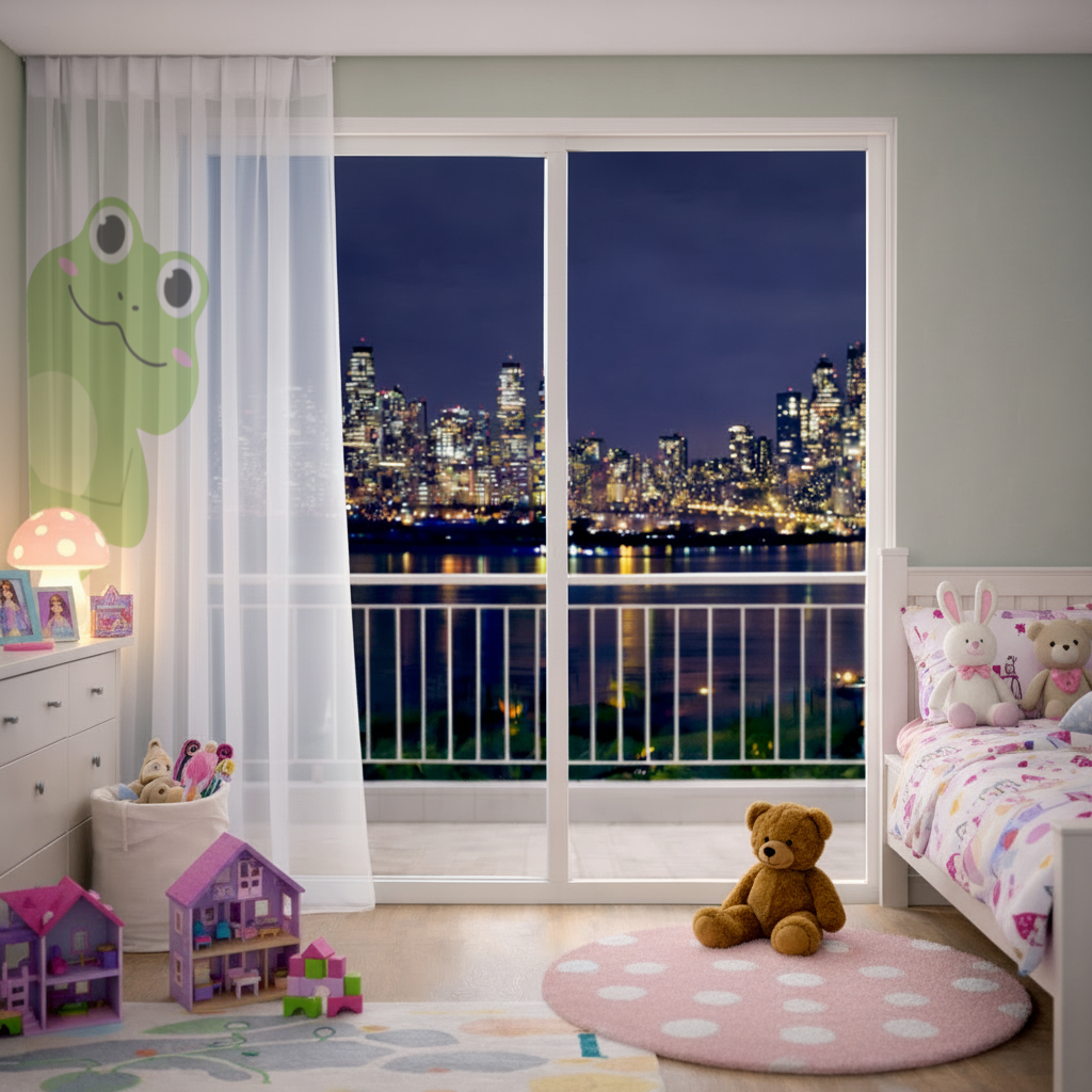 Cute Green Frog Peek-a-Boo Illustration Sheer Curtain