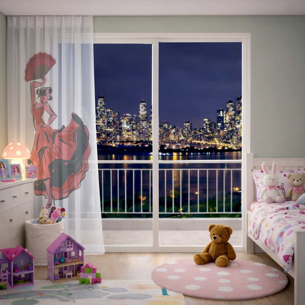 Flamenco Dancer with Fan Illustration Sheer Curtain