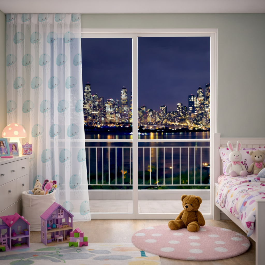 Cute Blue Jellyfish Character Sheer Curtain