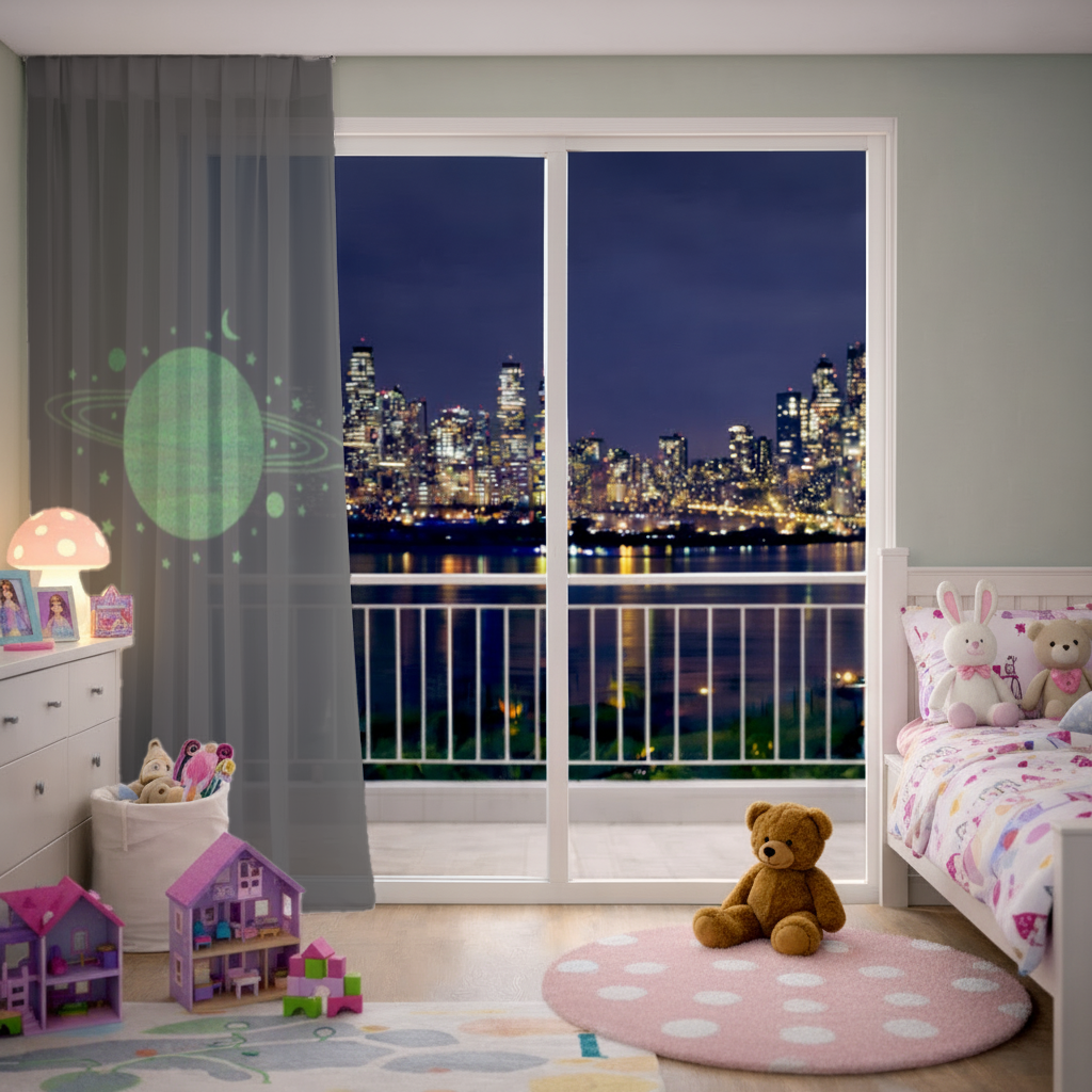 Green planets on a black background. Sheer Curtain