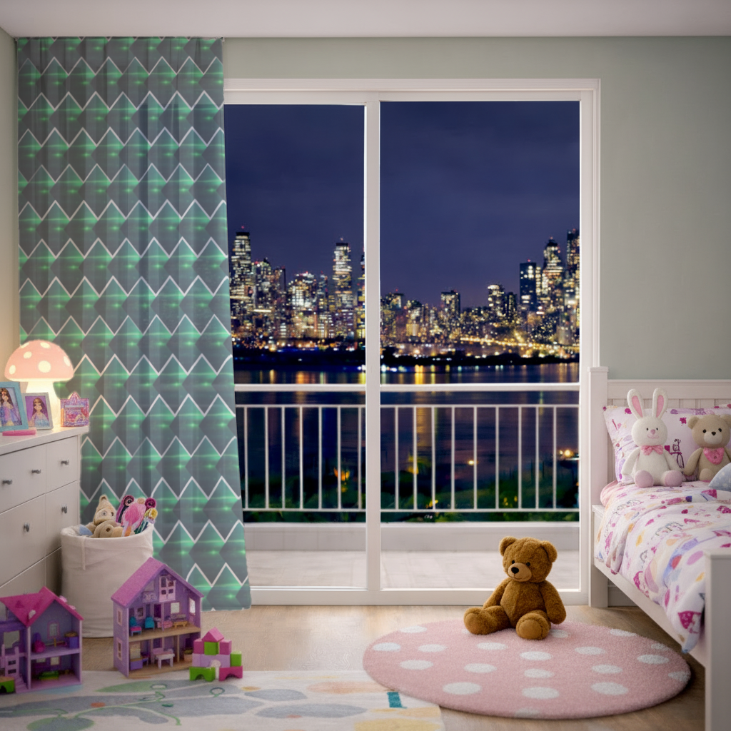 Green bright strips on black background. Sheer Curtain