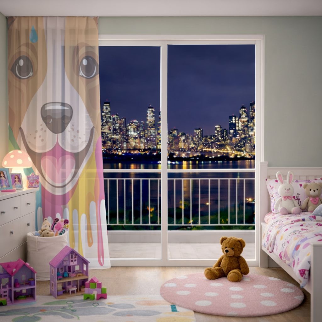 Happy Dog with Colorful Paint Drips Sheer Curtain