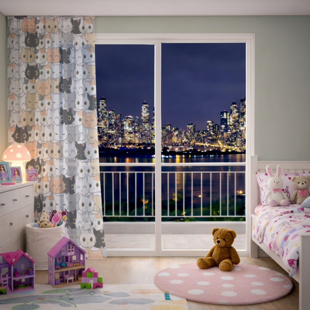 Colorful Cute Cat Faces Seamless Pattern Sheer Curtain