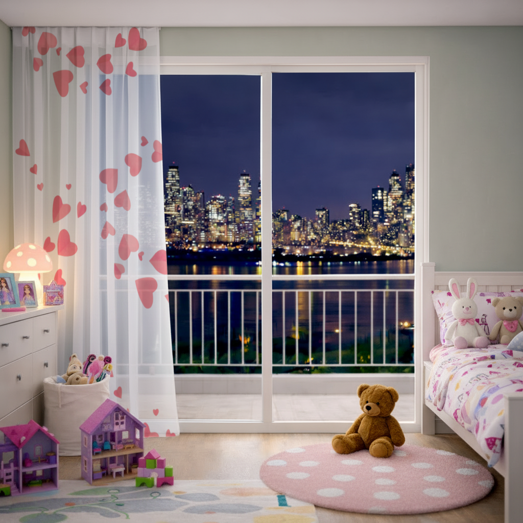 Red Hearts Frame Design Sheer Curtain