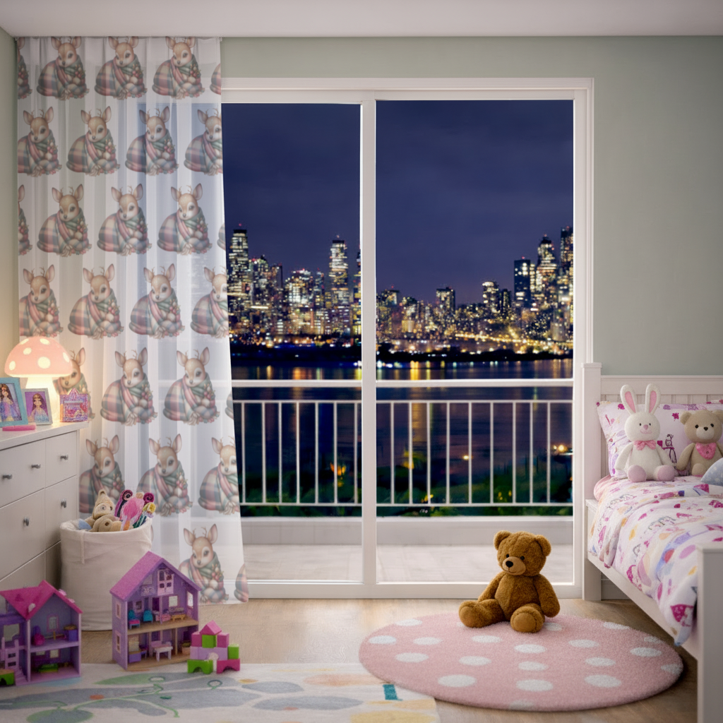 Kawaii Baby Deer with Plaid Scarf Sheer Curtain