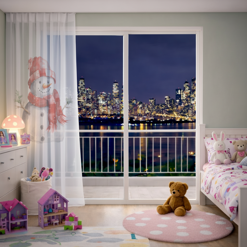 Cozy Red Scarf Snowman Sheer Curtain