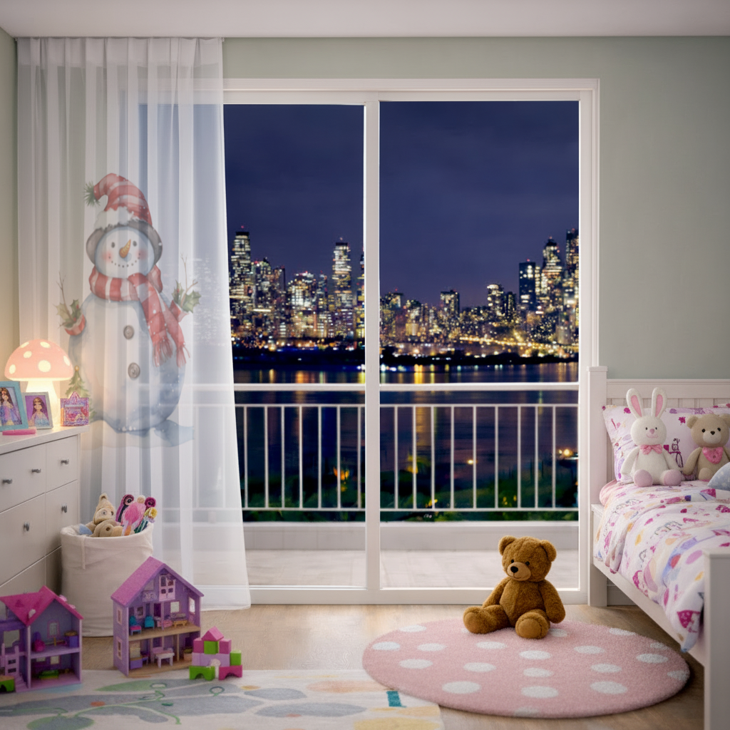 Whimsical Red Snowman Sheer Curtain