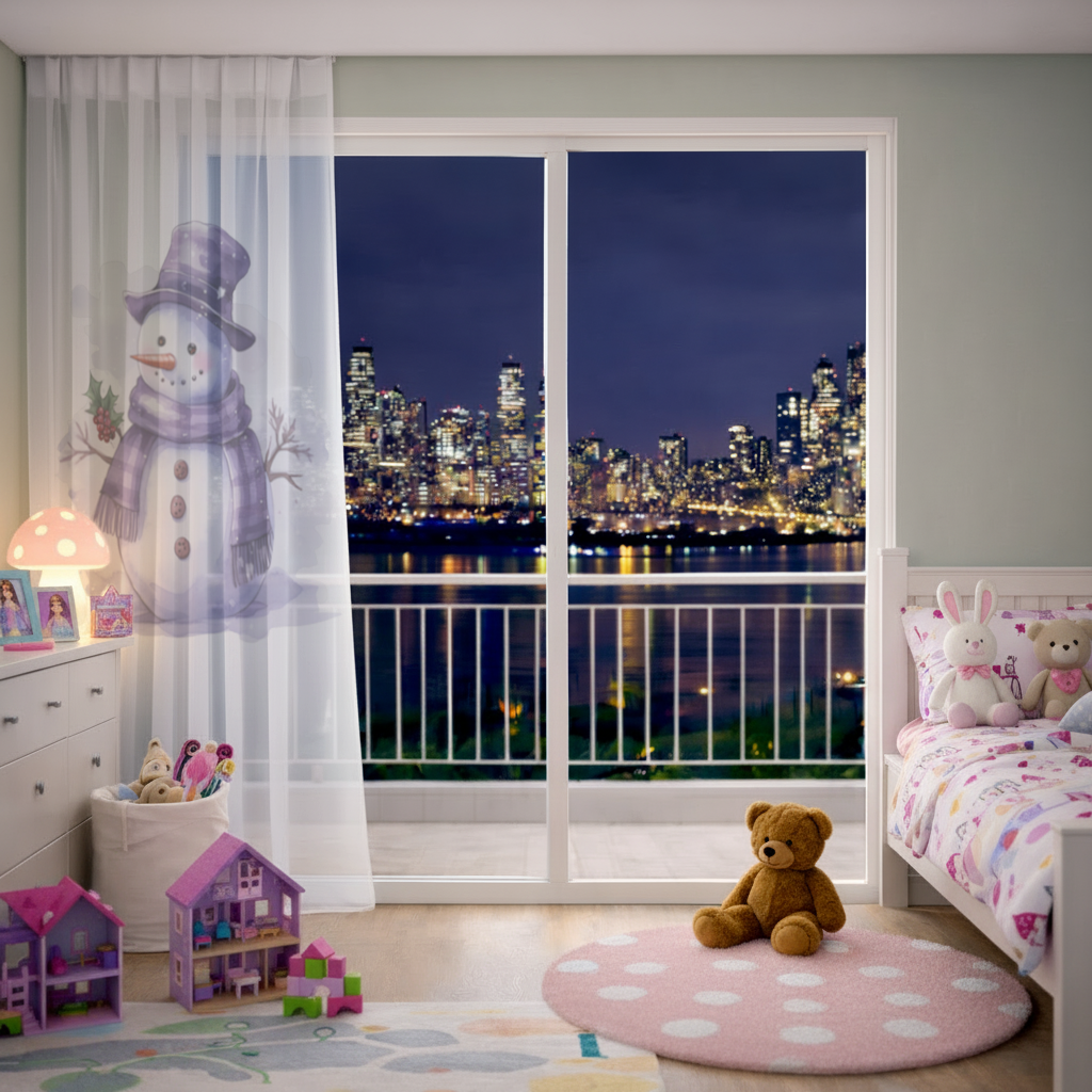 Whimsical Purple Snowman Sheer Curtain