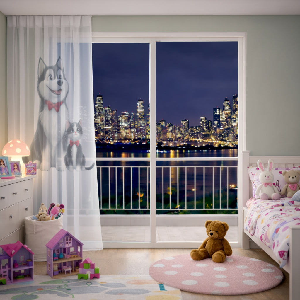 Cute Husky and Kitten with Red Bowties Sheer Curtain