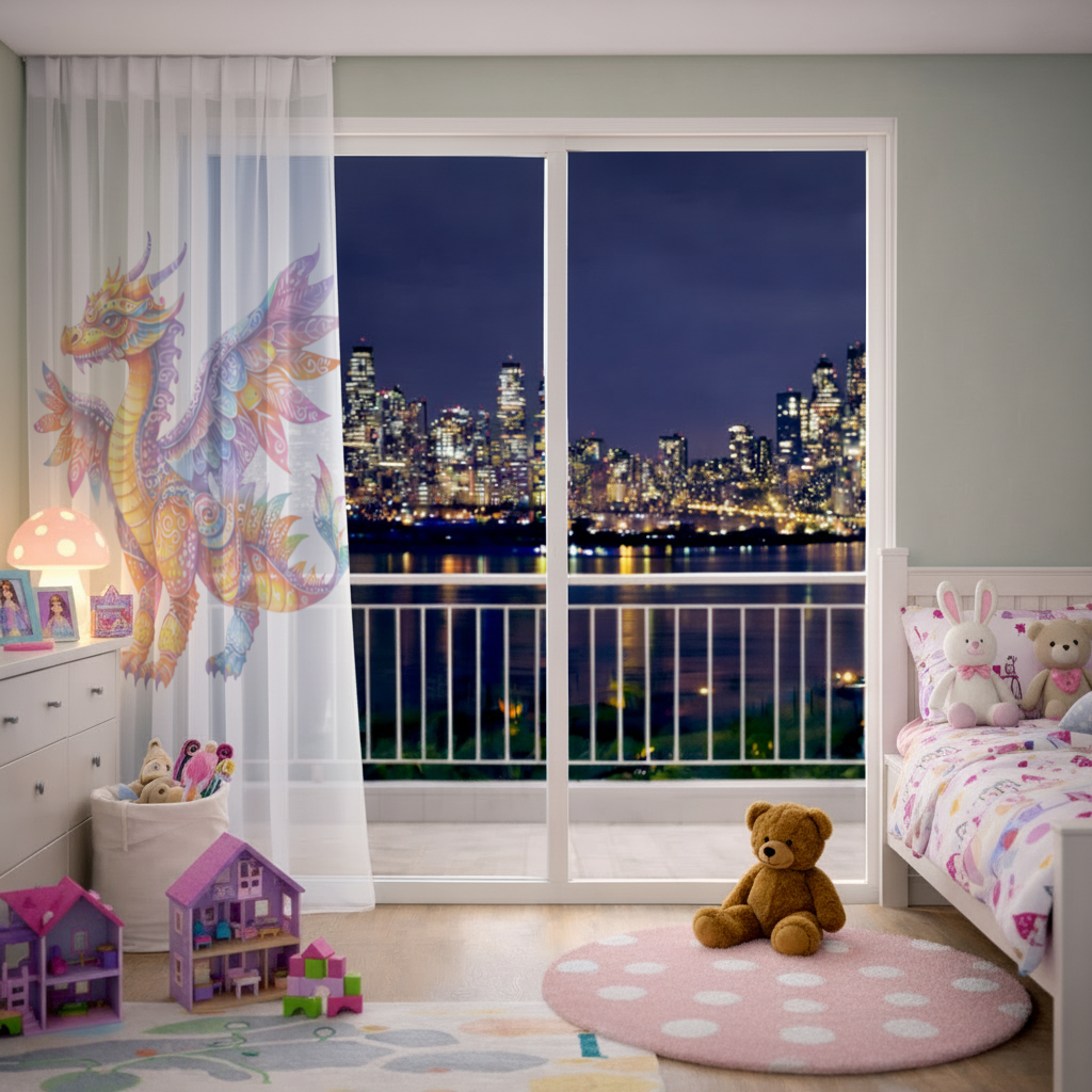 Vibrant Rainbow Mythical Dragon Sheer Curtain