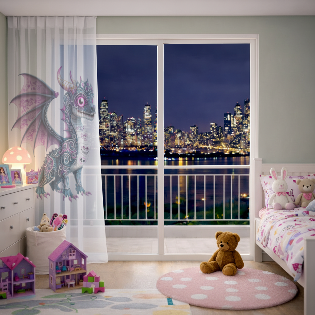 Purple Sugar Skull Dragon Sheer Curtain