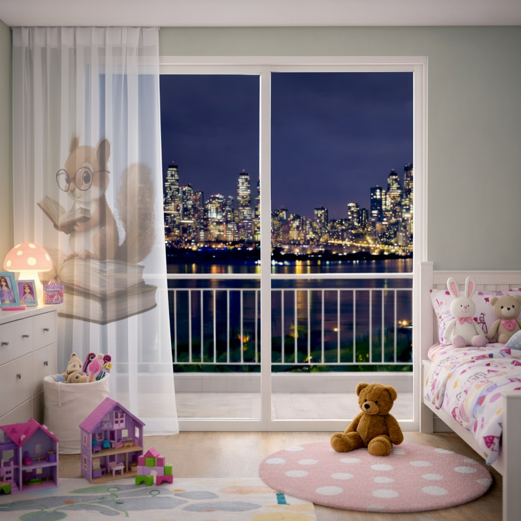 Scholarly Squirrel Reading on Book Stack Sheer Curtain