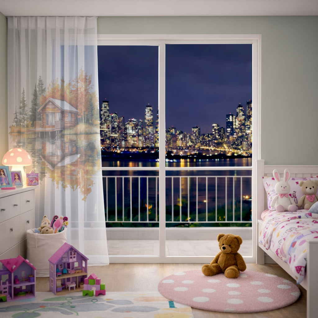 Lakeside Log Cabin Autumn Landscape Sheer Curtain