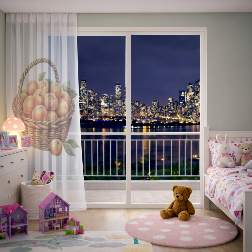 Fresh Peaches in Wicker Basket Sheer Curtain