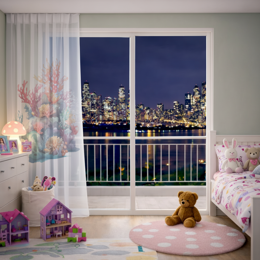 Vibrant Watercolor Coral Reef Scene Sheer Curtain