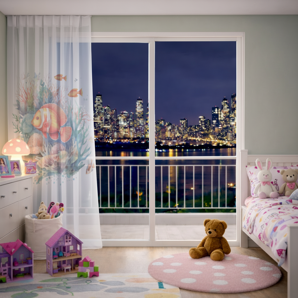 Watercolor Clownfish and Tropical Coral Reef Sheer Curtain