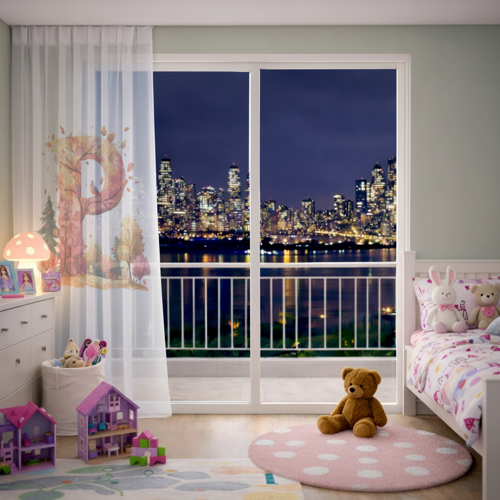 Autumn Forest Letter P with Bird Sheer Curtain