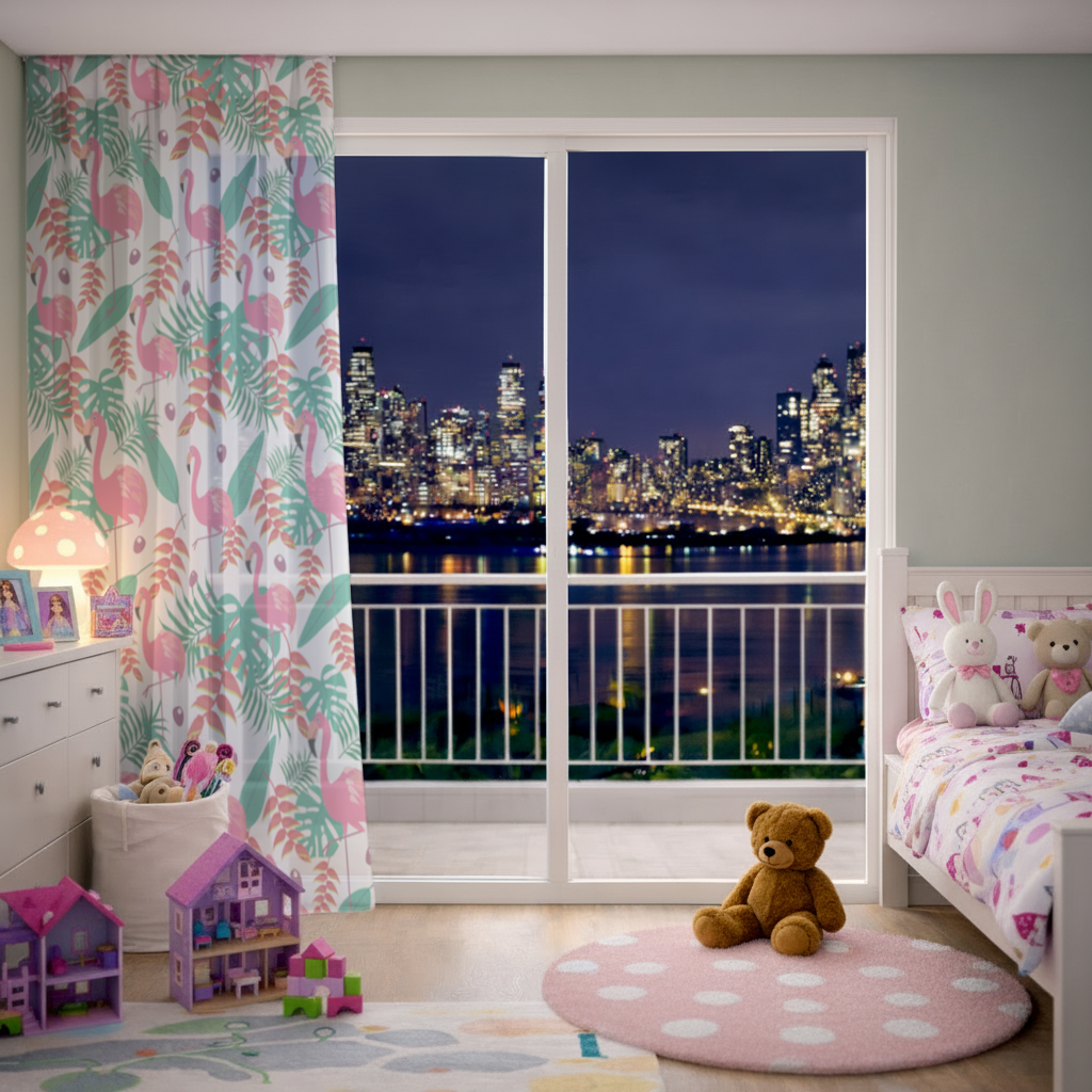 Pink Flamingo Tropical Leaves Sheer Curtain