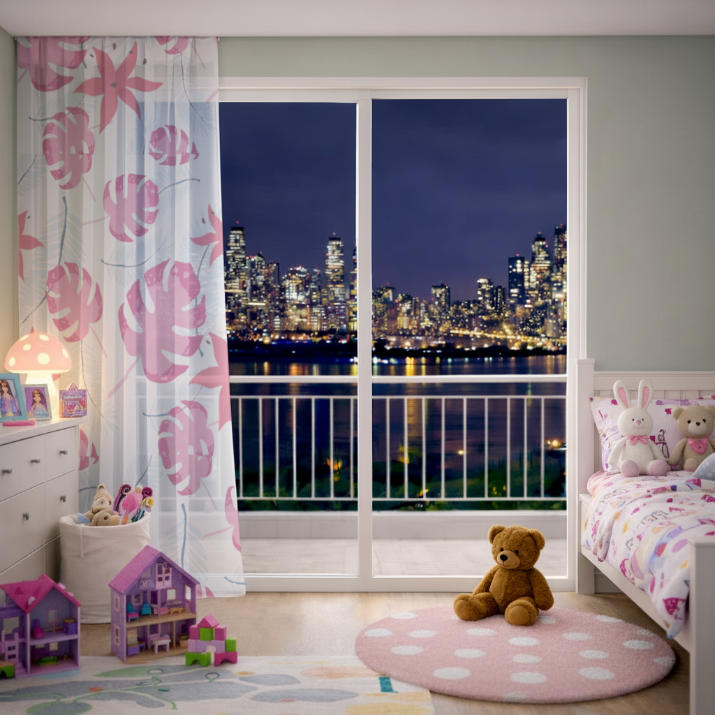 Pink Monstera and Tropical Lily Sheer Curtain