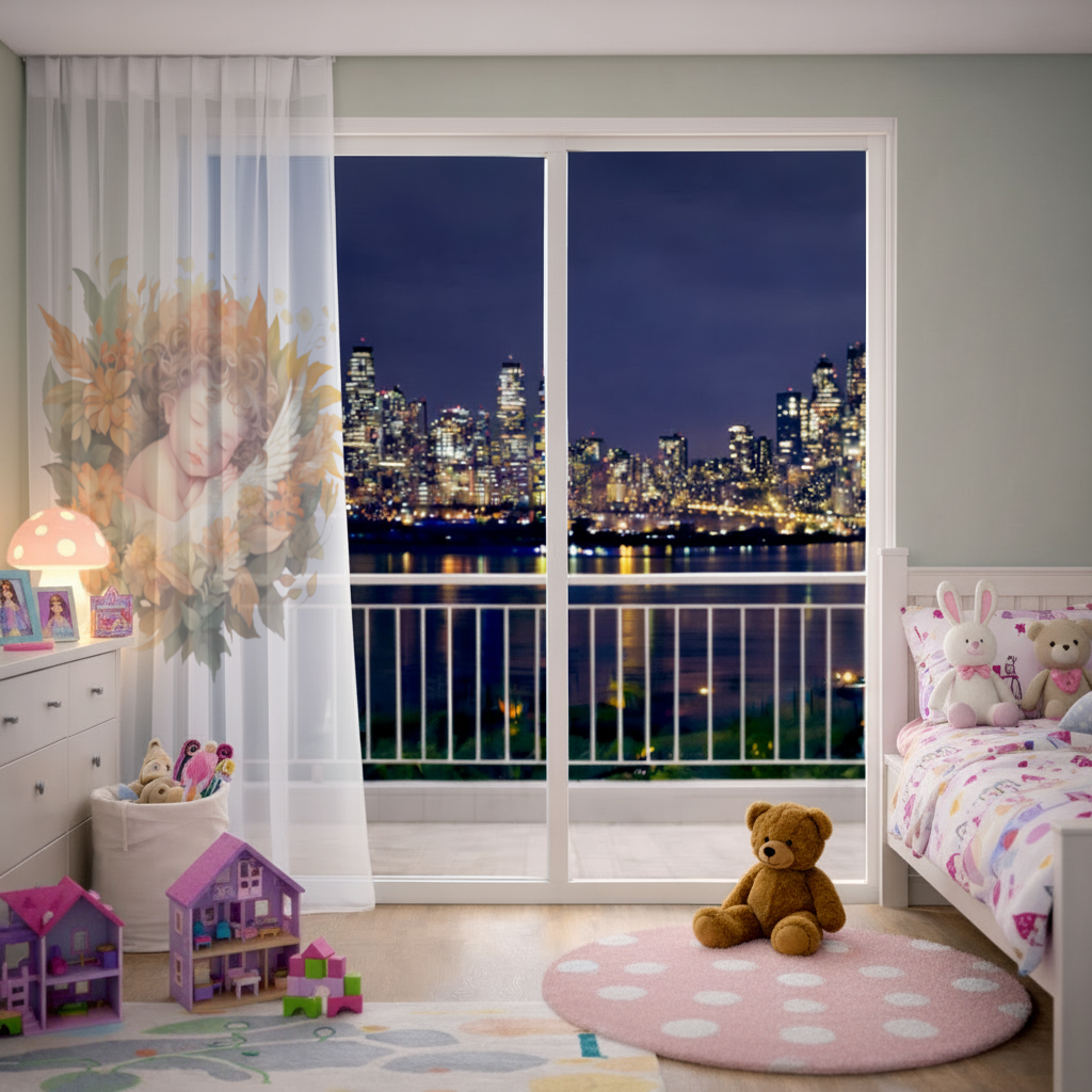 Sleeping Cherub in Cottagecore Flowers Sheer Curtain