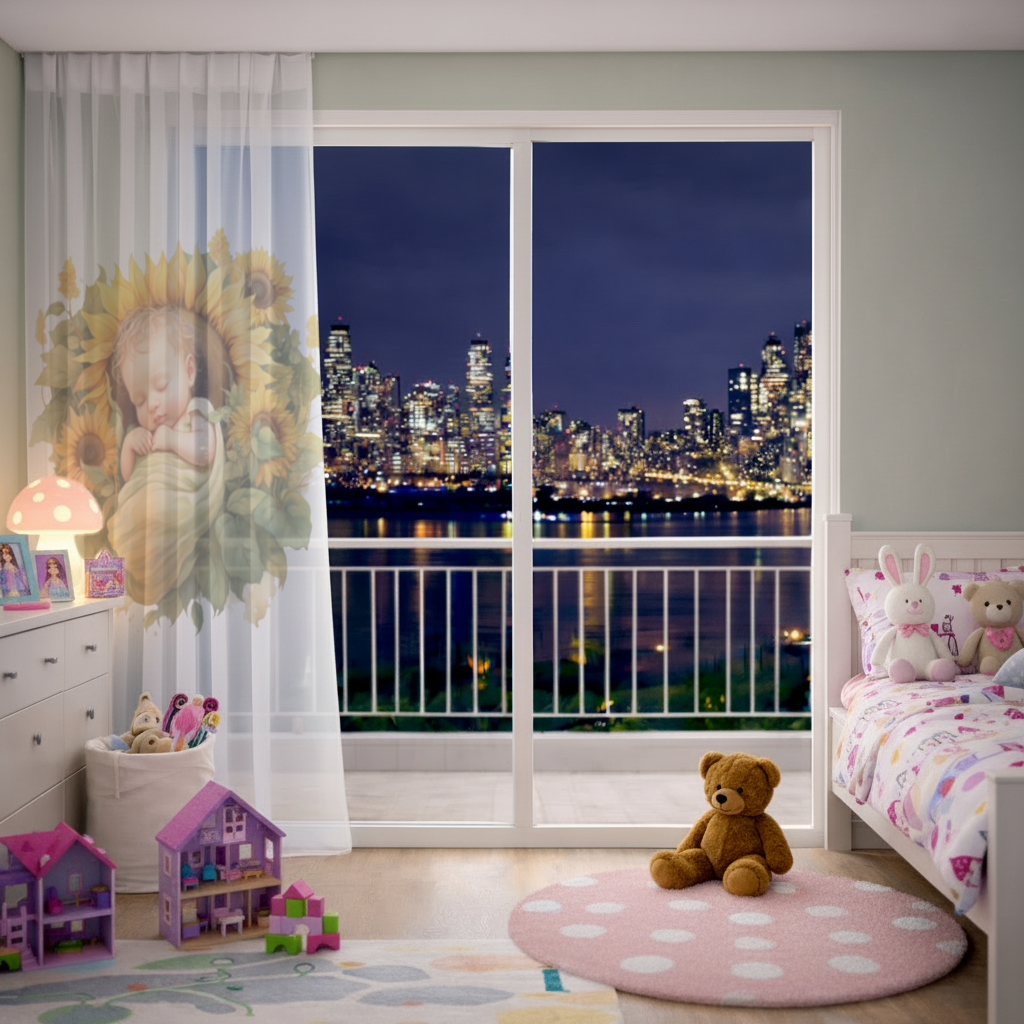 Ayçiçeği İçinde Uyuyan Bebek Tül Perde