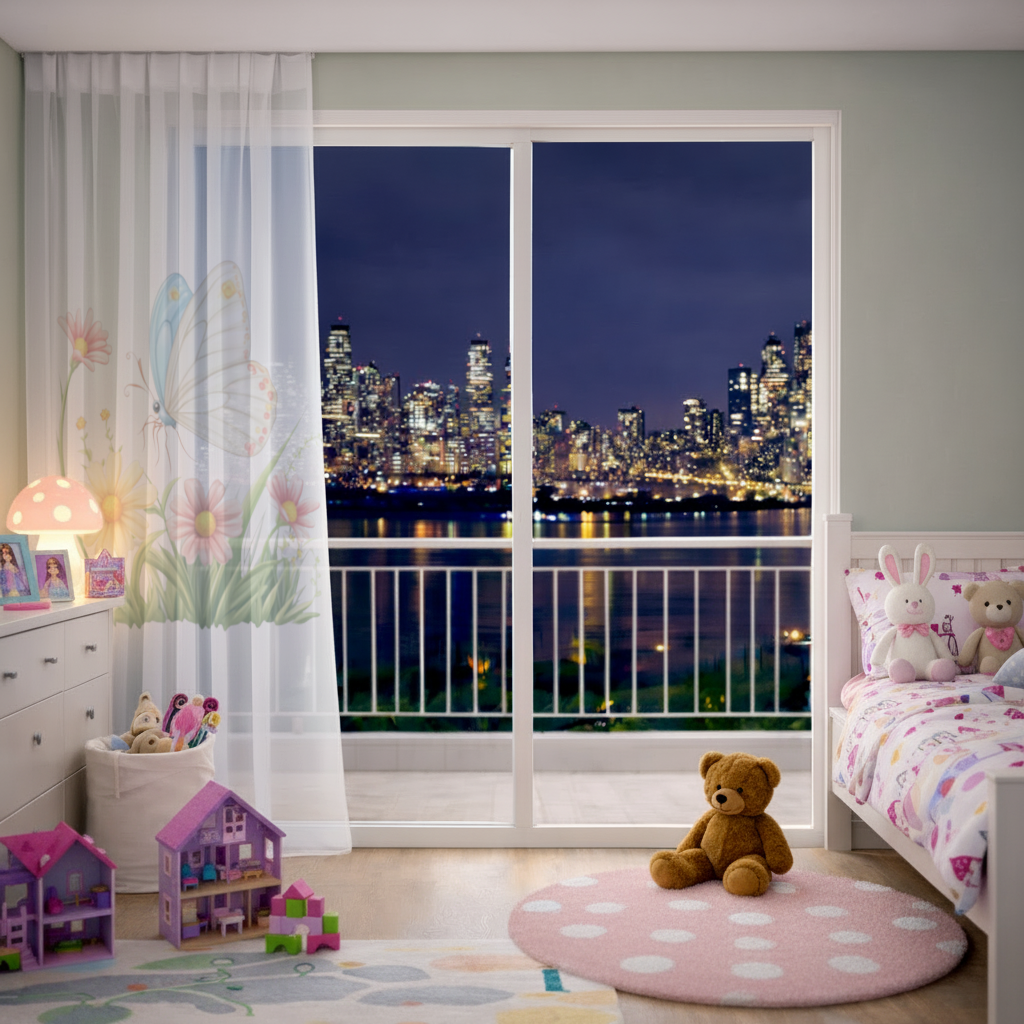 Pastel Kelebek ve Kır Çiçekleri Bahçesi Tül Perde