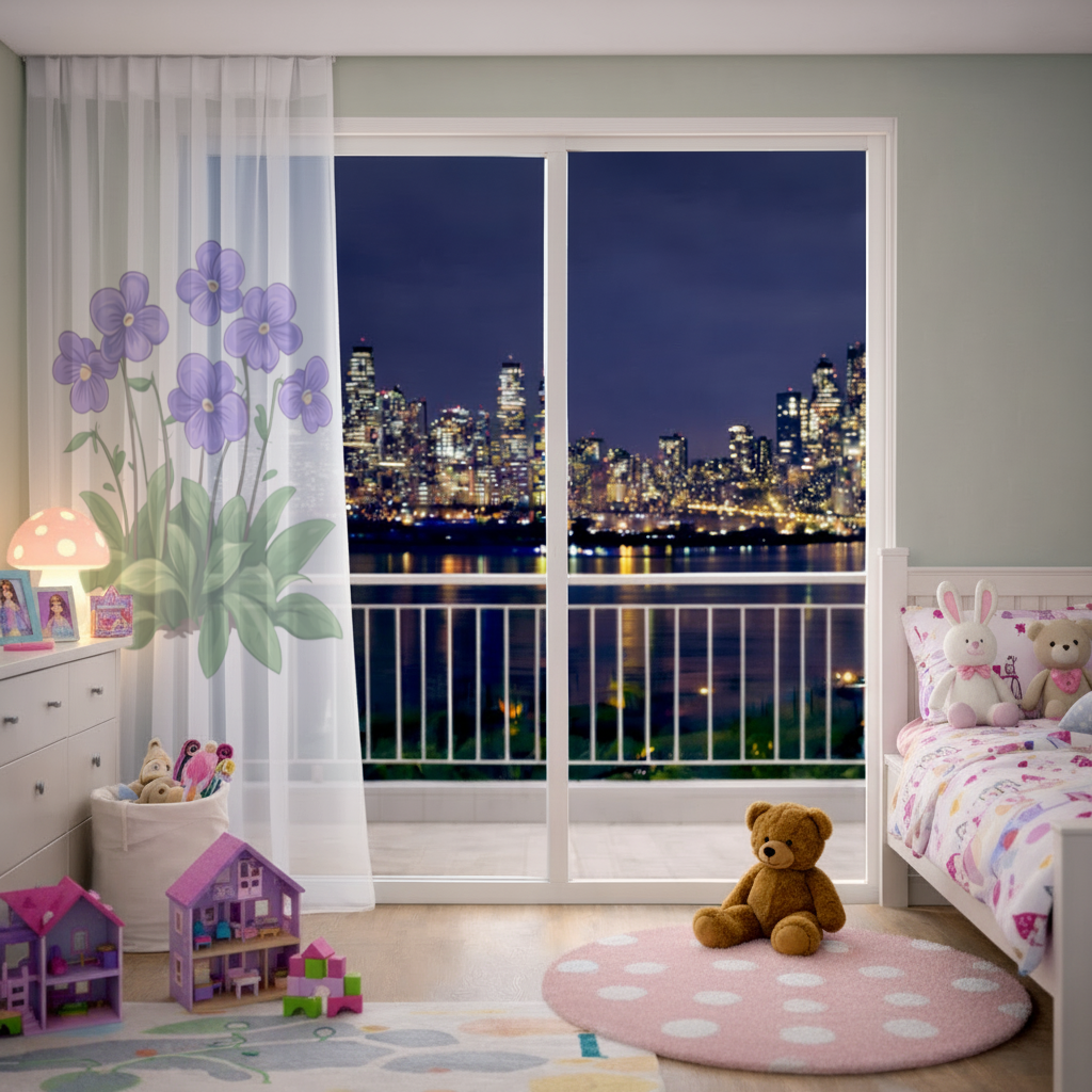 Kır Çiçekleri Mor Menekşeler Tül Perde