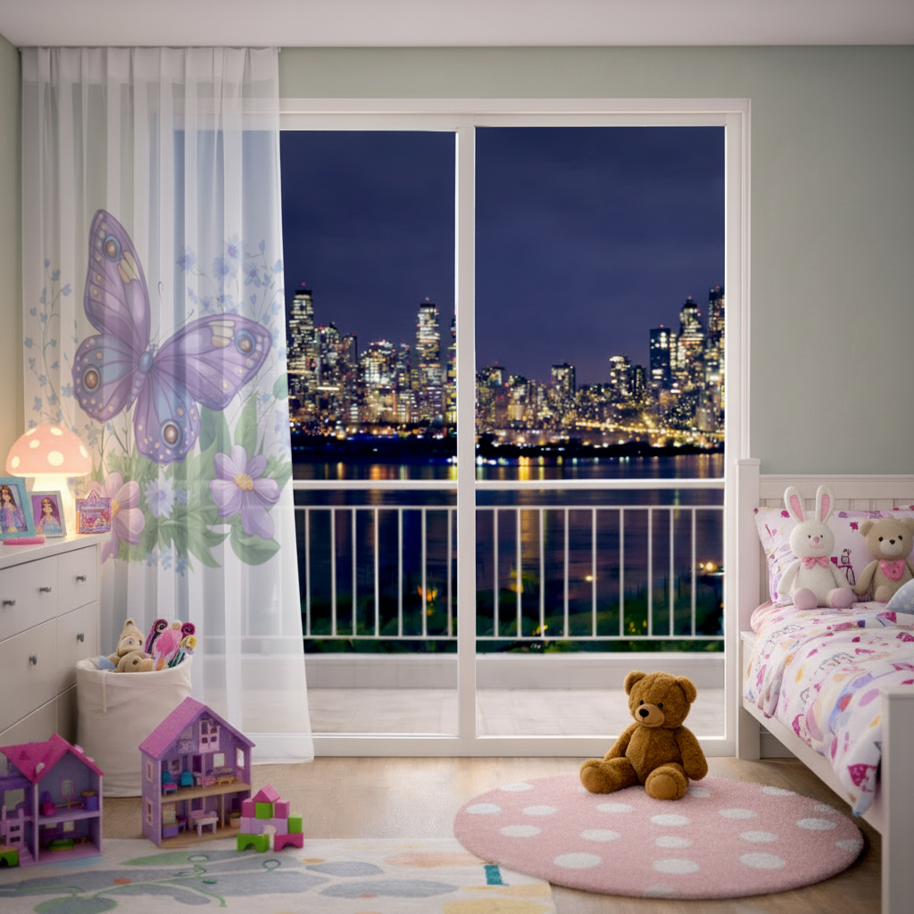 Mor Kelebek ve Mavi Kır Çiçekleri Tül Perde