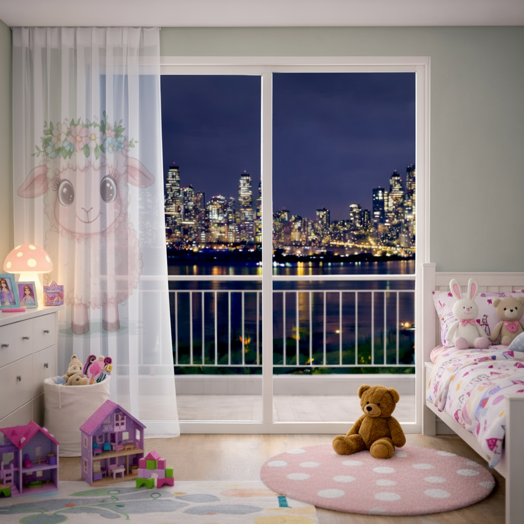 Kawaii Flower Crown Pink Lamb Sheer Curtain