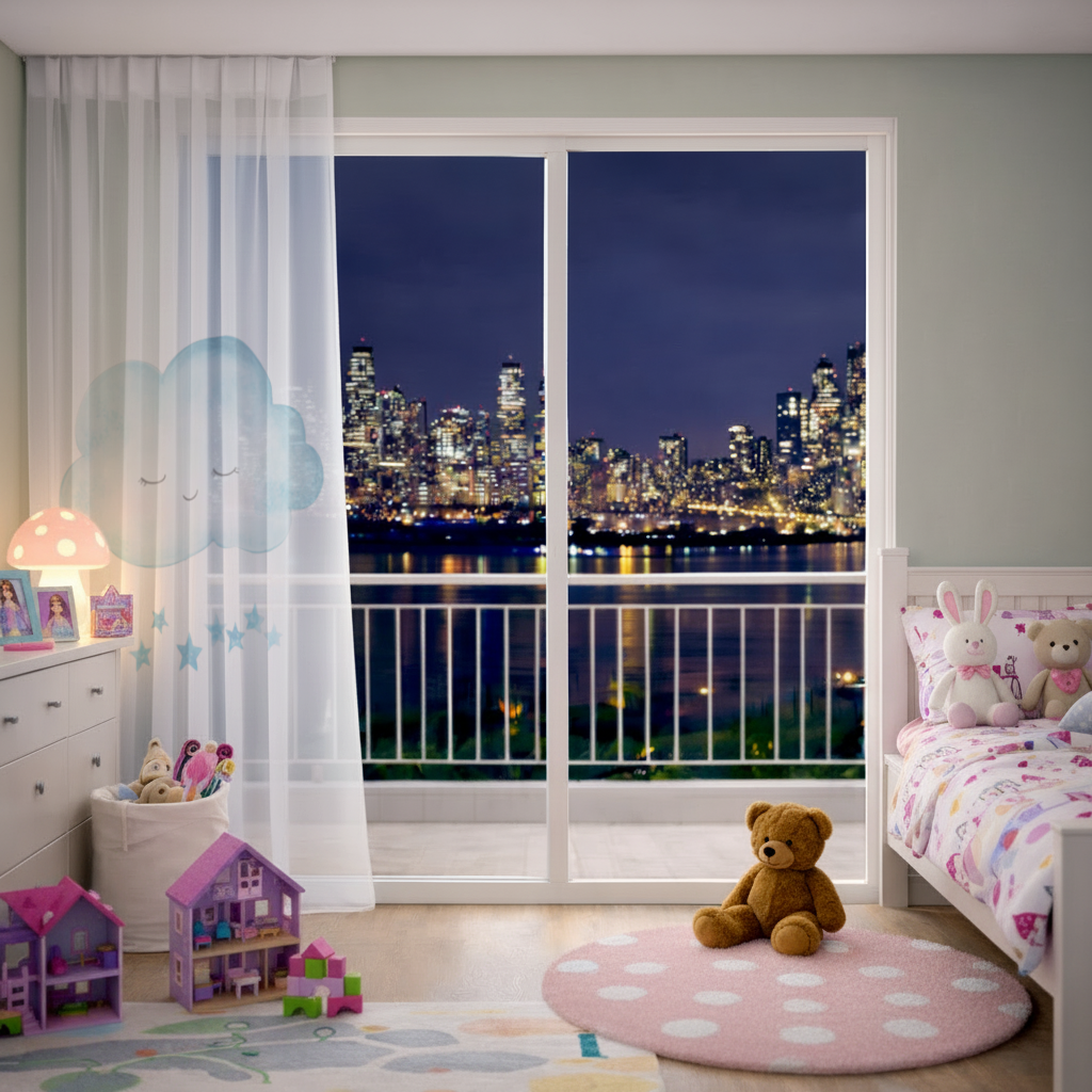 Watercolor Sleepy Cloud and Blue Stars Sheer Curtain