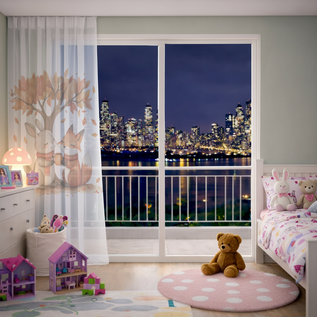 Cozy Autumn Fox and Rabbit Sheer Curtain