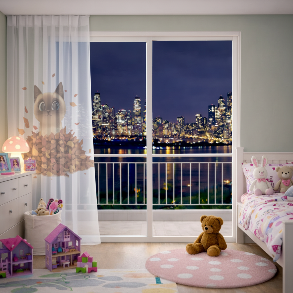 Yaprak Yığınındaki Siyam Kedisi Tül Perde