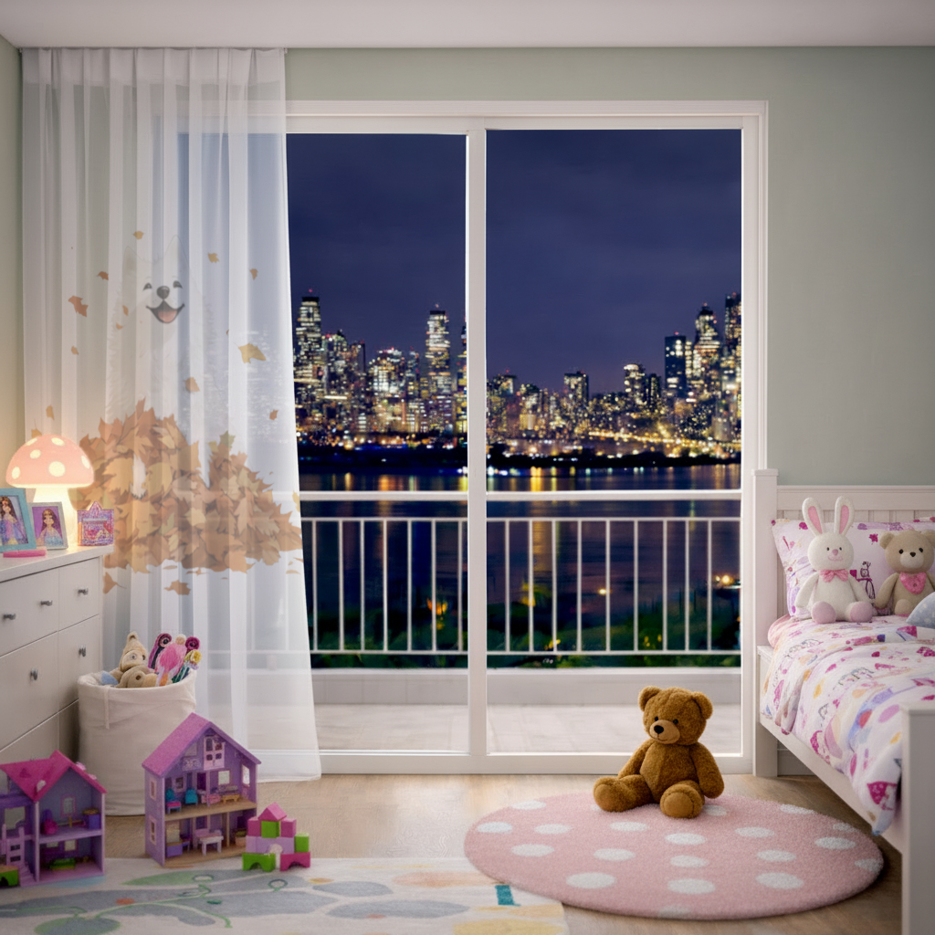 Happy White Dog in Autumn Leaves Sheer Curtain