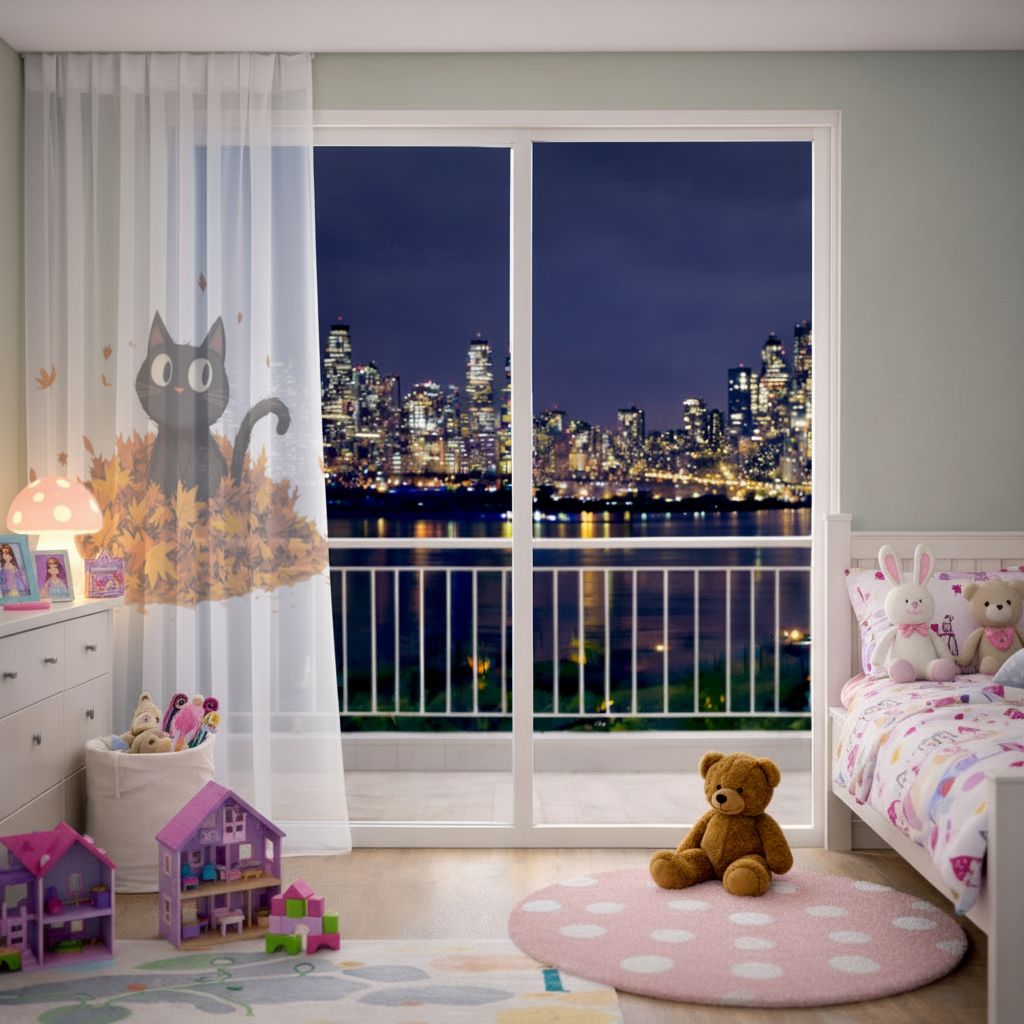 Cute Black Cat in Autumn Leaves Sheer Curtain