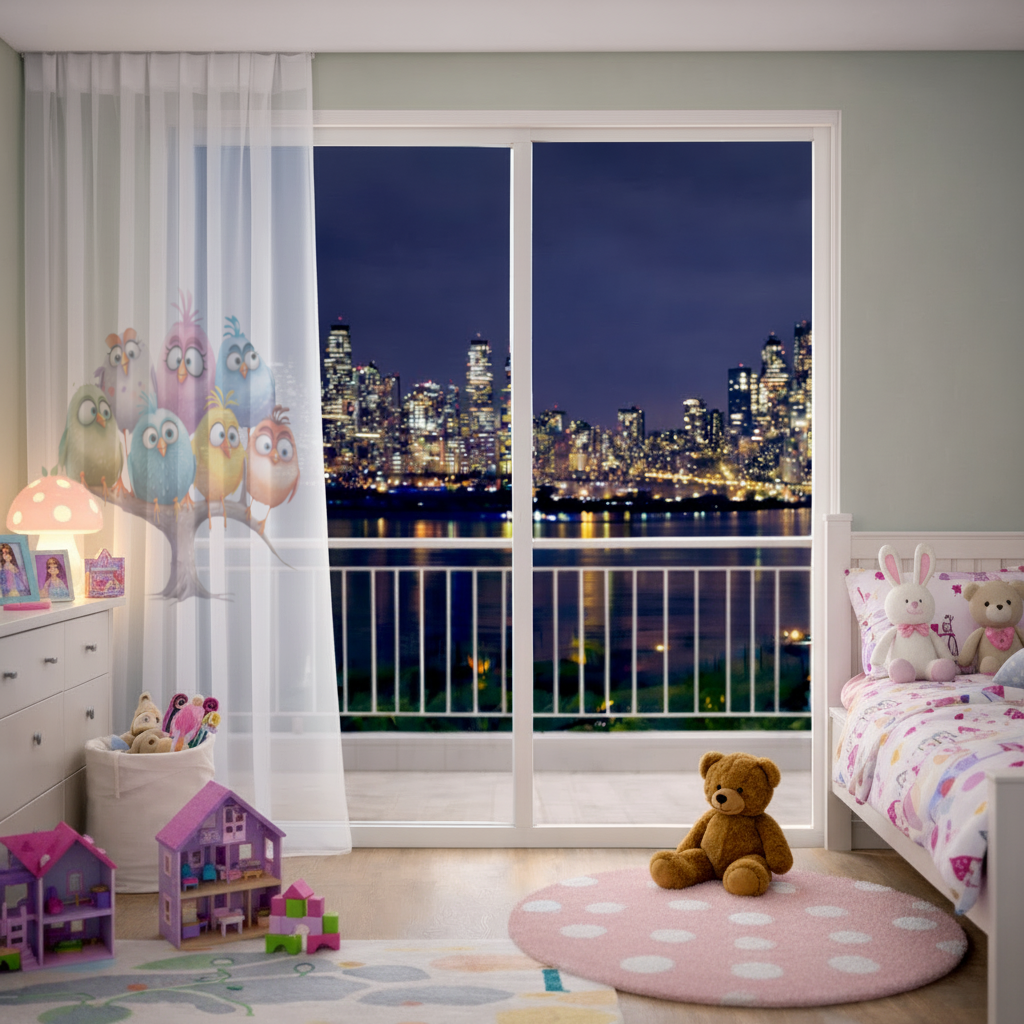 Whimsical Colorful Birds on Branch Sheer Curtain