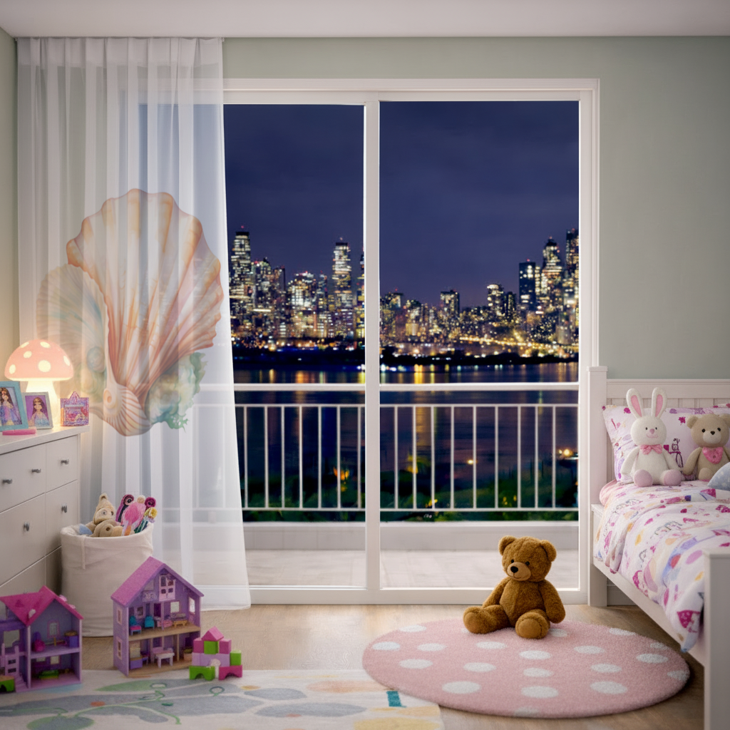 Iridescent Pearls in Orange Scallop Seashell Sheer Curtain