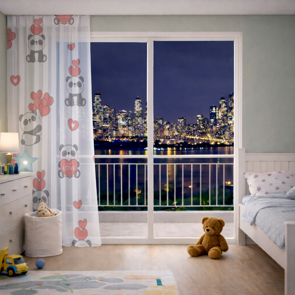 Cute Panda Valentines Day Love Heart Pattern Design Sheer Curtain