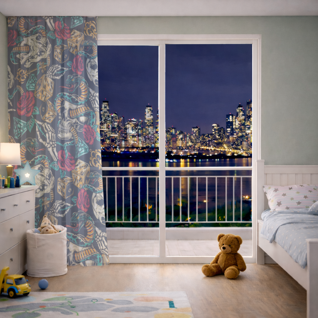 Skull Snake Dice and Roses Pattern Sheer Curtain