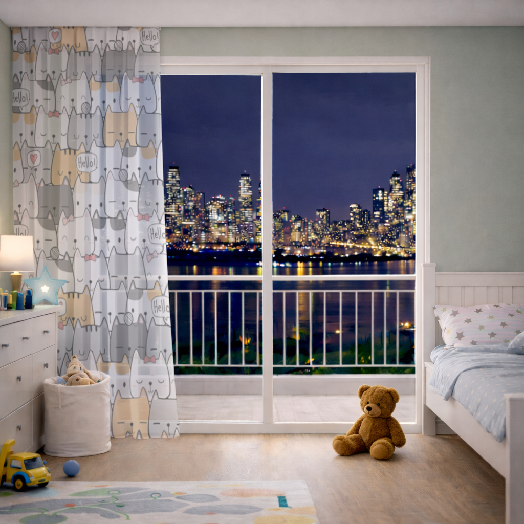 Konuşma Balonlu Sevimli Karikatür Kediler Deseni Tül Perde